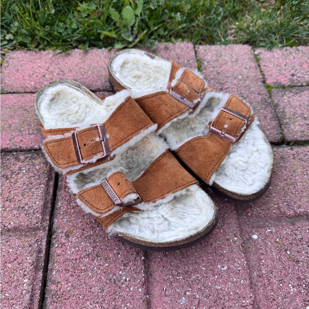 Birkenstock suede shearling slip on sandals